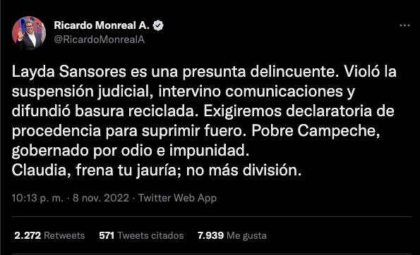 Ricardo Monreal pide desafuero de gobernadora de Campeche