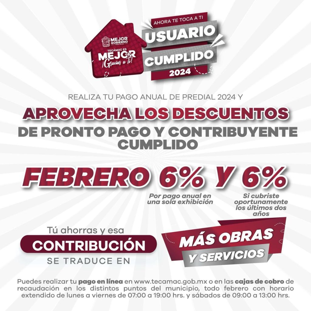 En Tecámac hasta el próximo jueves se aplicará un 6 por ciento por pago anual en una sola exhibición y 6 por ciento si se cubrieron oportunamente los últimos dos años.