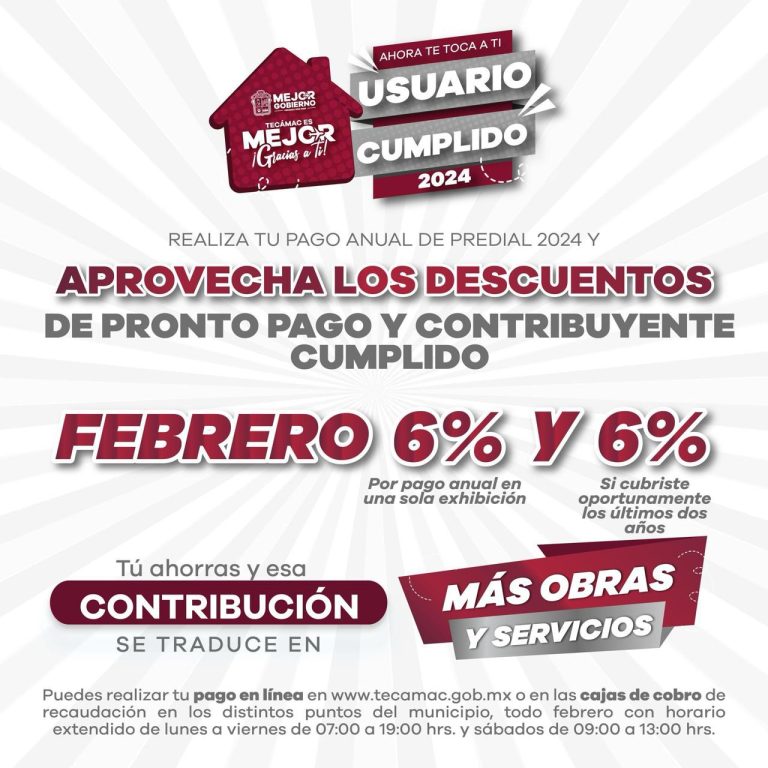 En Tecámac hasta el próximo jueves se aplicará un 6 por ciento por pago anual en una sola exhibición y 6 por ciento si se cubrieron oportunamente los últimos dos años.