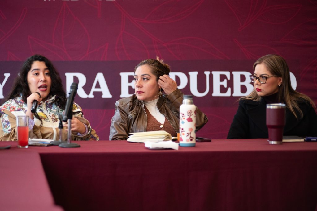 En reunión con la titular del Instituto de la Juventud local, Marcela Fuente Castillo, la Coordinadora de Morena, Xóchitl Bravo Espinosa.