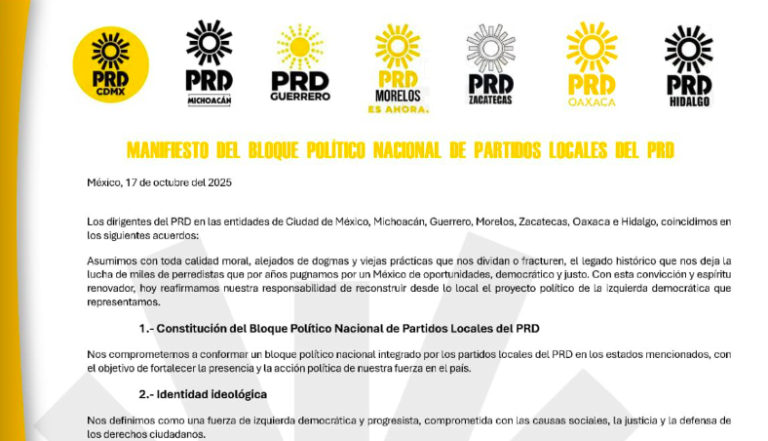 Dirigentes del PRD en la Ciudad de México, Michoacán, Guerrero, Morelos, Tlaxcala, Zacatecas, Hidalgo, y Oaxaca anunciaron la conformación de un Bloque Político Nacional de Partidos Locales del PRD.